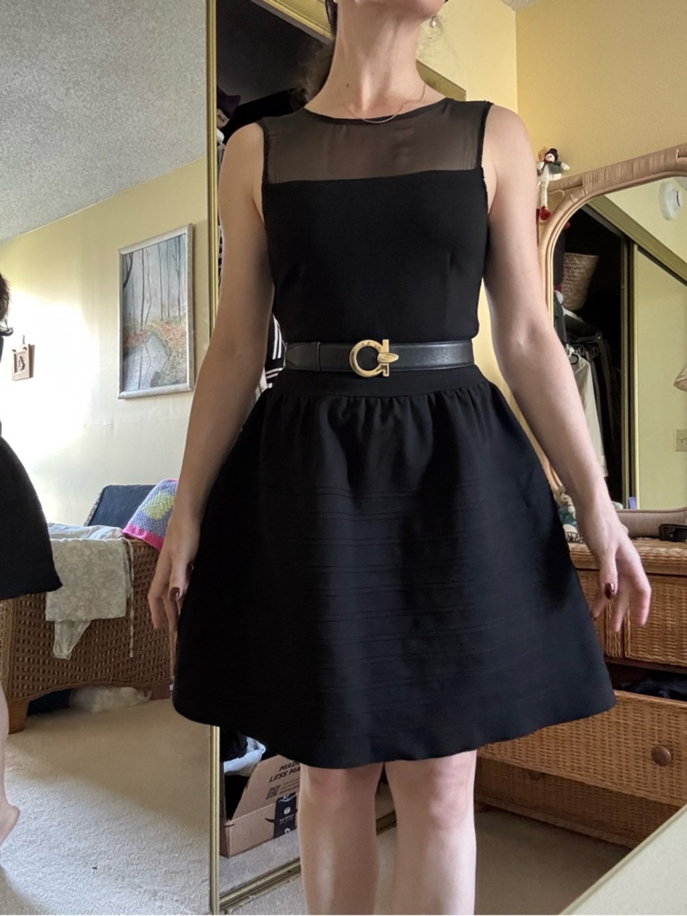 Maje Black Sleeveless Fit-and-Flare Dress with Sheer Yoke